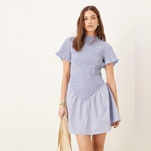 ASOS DESIGN shirred flutter sleeve mini dress in blue stripe